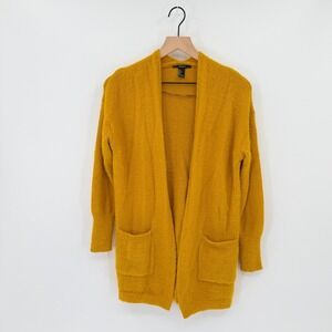 Forever 21 Open Front Fuzzy Knit Cardigan Small Mustard Yellow Cozy Boho